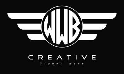 WWB three letter circle with wings logo design vector template. wordmark logo | emblem logo | monogram logo | initial letter logo | typography logo | business logo | minimalist logo |	