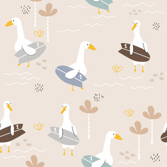 Seamless pattern with funny goose surfer. Summer print. Vector hand drawn illustration.