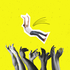 Contemporary art collage. Creative colorful design. Cheerful man falling down on a crowd with hands...