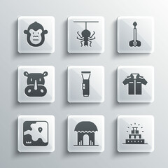 Set African hut, Chichen Itza in Mayan, Shirt, Flashlight, safari map, Rhinoceros, Monkey and Arrow icon. Vector