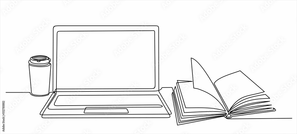 Poster one continuous line drawing of computer laptop, book and a cup of coffee. study space desk concept. 