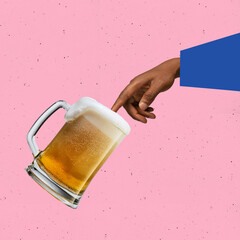 Contemporary art collage. Creative colorful design. Male hand touching chill lager foamy beer...