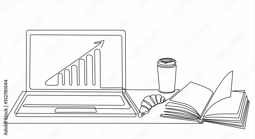 Aufkleber one continuous line drawing of computer laptop with a chart on it, book, a cup of coffee and croissa