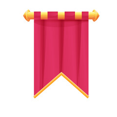 Red hanging medieval banner flag with cloth texture and golden decoration in cartoon style isolated on white background. Ui game asset, heraldic design element,