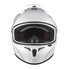 Modern motorcycle helmet made of white glossy carbon fiber, with neck fixation and adjustable air...