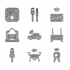 Set Smart car system, drone, Web camera, Router and wi-fi signal, No usb cable cord, Network cloud connection, Mail e-mail and Wi-Fi wireless internet icon. Vector