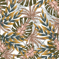 Fototapeta premium Abstract seamless tropical pattern with bright plants and leaves on a white background. Summer colorful hawaiian seamless pattern with tropical plants. Jungle leaf seamless vector floral.