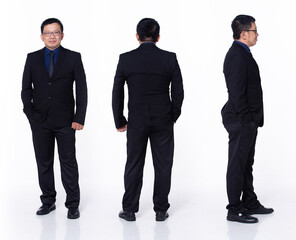 Full length 60s 50s Asian Senior man business executive manager, 360 front side back rear