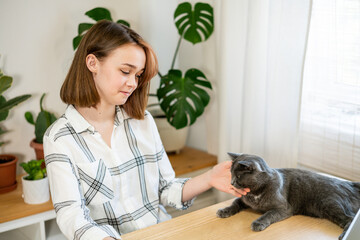 Young woman entrepreneur working on laptop at home with her cat, sitting together in modern room with plants. Girl using a computer for study online at home, female user busy on a distance internet