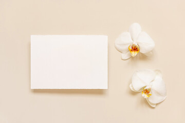 Wedding card near white orchid flowers on light yellow, mockup