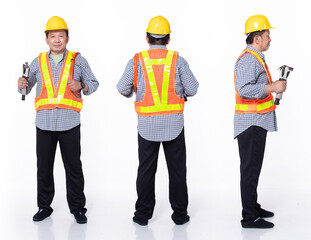 Full length 60s 50s Asian Senior man industry engineer contractor, 360 front side back rear