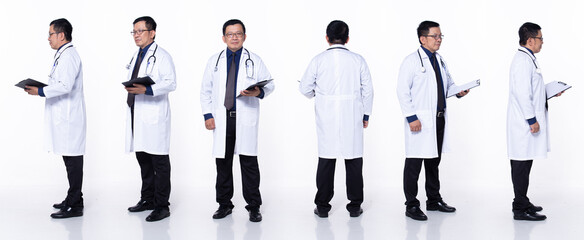 Full length 60s 50s Asian Senior man surgery medical Doctor, 360 front side back rear