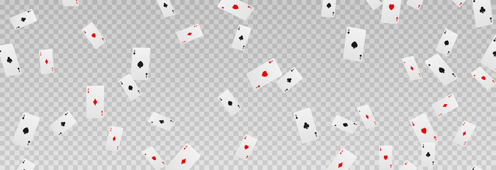 Vector playing cards png. Playing cards fall from the sky on an isolated transparent background. Four aces png, red, black cards. Gambling. Poker. - obrazy, fototapety, plakaty