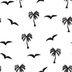 Fototapeta na wymiar Tropical seamless pattern with palm trees silhouette and birds. 