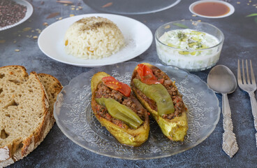 Traditional delicious Turkish food; Meat and Zucchini dish, (Turkish name: Kabak Karniyarik)