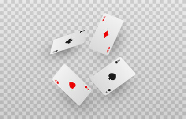 Vector playing cards png. Playing cards fall from the sky on an isolated transparent background. Four aces png, red, black cards. Gambling. Poker.