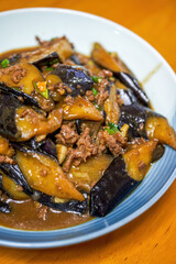 A delicious Chinese dish, fried eggplant in sauce