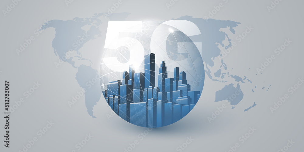 Poster blue grey 5g network label with a cityscape inside of a globe - background high speed broadband mobi