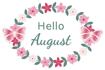 Hello August greeting card with floral ornament and butterfly