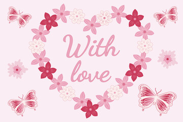 With love greeting card with floral ornament in red and pink colors on light background with butterfly