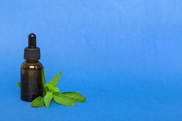 Obraz na płótnie Canvas Natural Mint Essential Oil in a Glass Bottle. organic cosmetics with herbal extracts of mint on colored background