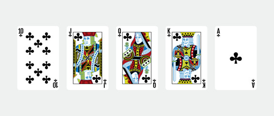 Royal flush clubs five card poker hand playing cards deck