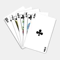 Royal flush clubs five card poker hand playing cards deck
