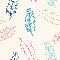 Seamless hand drawn pattern with color feathers