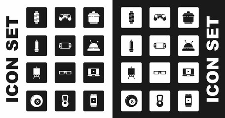 Set Cooking pot, Portable video game console, Pencil with eraser, Sewing thread spool, Needle bed and needles, Gamepad, Online play and Easel painting art boards icon. Vector