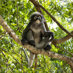 Singes à lunettes ou langurs obscurus (dusky leaf monkey) dans leur habitat naturel (forêt tropicale), certains avec leur petit
