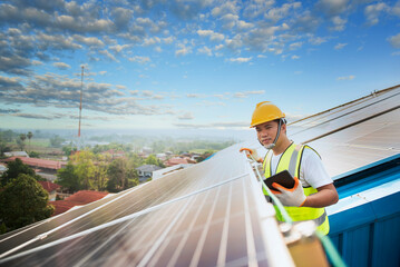 Technician inspecting solar panel maintenance on hospital roof, solar panel maintenance view