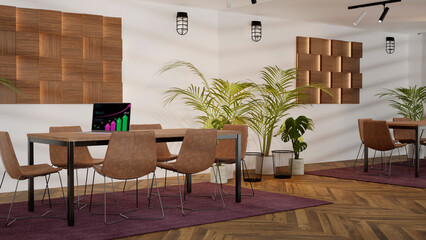 3d rendered office room with hard wood floor and wall to wall mirror.