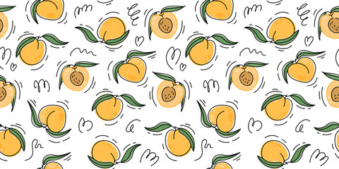 Seamless bright light pattern with Fresh peaches for fabric, drawing labels, print on t-shirt, wallpaper of children's room, fruit background. Slices of a peaches doodle style cheerful background.