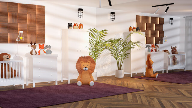 3d rendered baby room with white furnitures and large wall mirror.