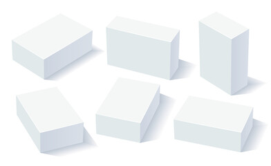 Rectangle white boxes, 3D rendering with shadows. Box set for packaging and branding design, mockup boxes in different position.