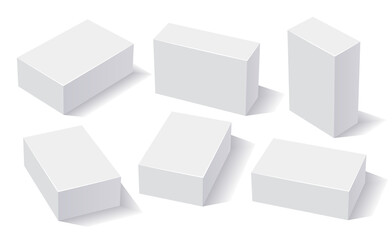 Rectangle white boxes, 3D rendering with shadows. Box set for packaging and branding design, mockup boxes in different position.