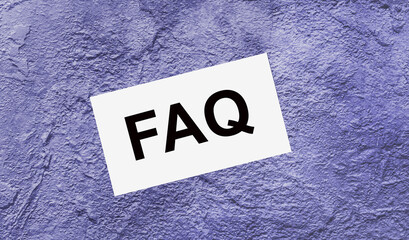 On a purple abstract background there is a white card with the text FAQ
