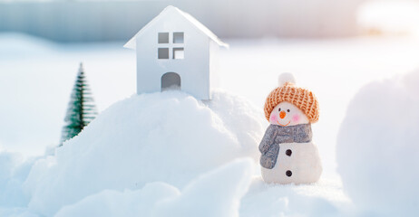 Merry christmas and happy new year greeting card with copy-space.Happy snowman standing in winter...