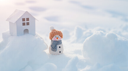 Merry christmas and happy new year greeting card with copy-space.Happy snowman standing in winter...