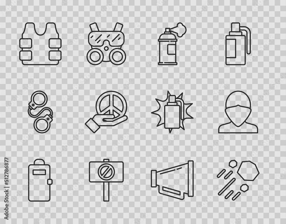 Poster Set line Police assault shield, Flying stone, Paint spray can, Protest, Bulletproof vest, Peace, Megaphone and Vandal icon. Vector