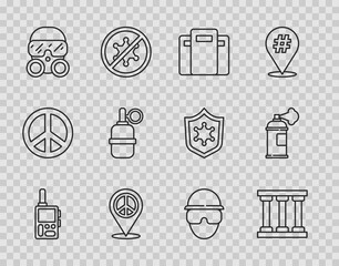 Set line Walkie talkie, Prison window, Police assault shield, Location peace, Gas mask, Hand grenade, Special forces soldier and Paint spray can icon. Vector