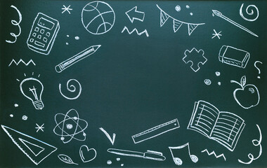 Blackboard written with chalk with school supplies and copy space. Back to school concept - obrazy, fototapety, plakaty
