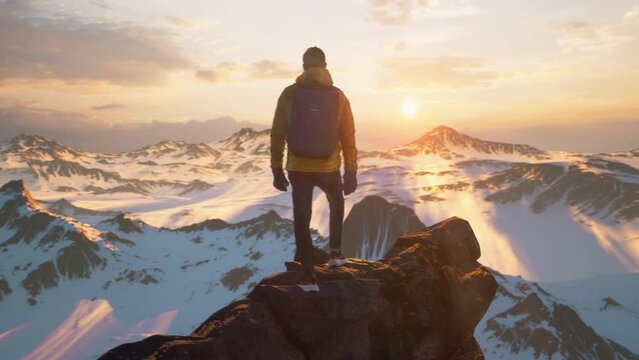 HIker Standing on Top of a Mountain Peak Looking at Sunset Adventure Spirit Success Nature Beauty Acheivement Freedom Exploration Alps