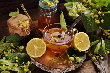Linden tea with honey and lemon for cold and immunity - obrazy, fototapety, plakaty