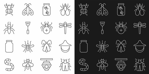Set line Beetle bug, Beekeeper hat, Dragonfly, Fireflies bugs in jar, Fly swatter, Ant, deer and Spider icon. Vector