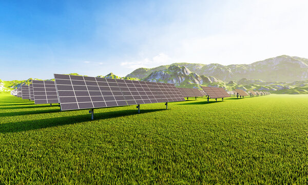 Solar power station with solar panels for producing electric power energy by green power from aerial view. Technology and electrical industrial power plant concept. 3D illustration rendering