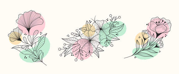 Hand drawn floral bouquet set. Flowers with pastel colors collection.
