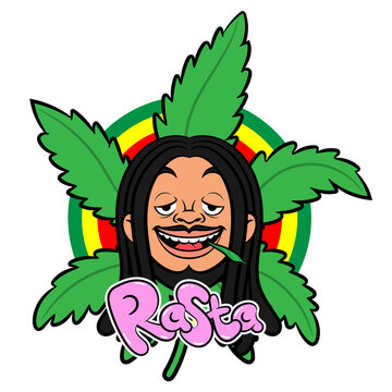 Cartoon illustration of Heads of dreadlocks men smoking marijuana with marijuana leaf logo and rastafarian colors behind and rasta text under, best for sticker, logo, and marijuana packaging products