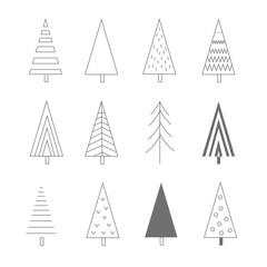 Obraz premium Christmas Tree linear icons set, vector outline drawing. Xmas new eve tree symbol, simple pictogram collection. Winter season design elements isolated on white