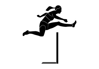Fototapeta na wymiar Silueta negra de una atleta femenina saltando una valla de obstáculos
